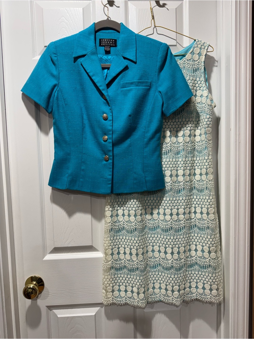 Turquoise Short-Sleeve Blazer with Turquoise & Cream Lace Dress